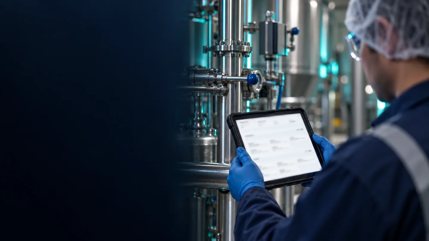 Operator checking cleaning records beside stainless pipework