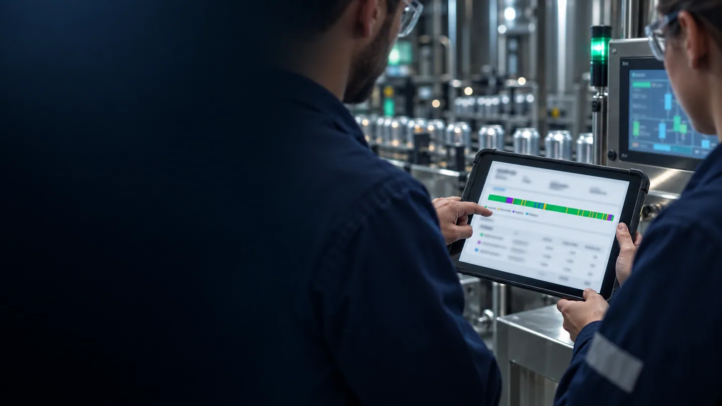 Two beverage production colleagues reviewing records on a tablet