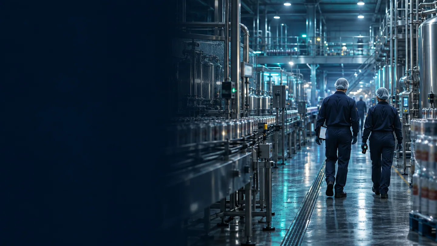 Two operators walking through a beverage canning hall