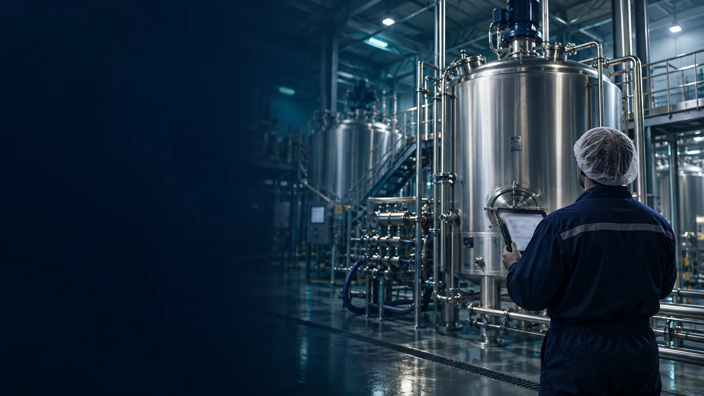 Operator beside industrial stainless blending tanks