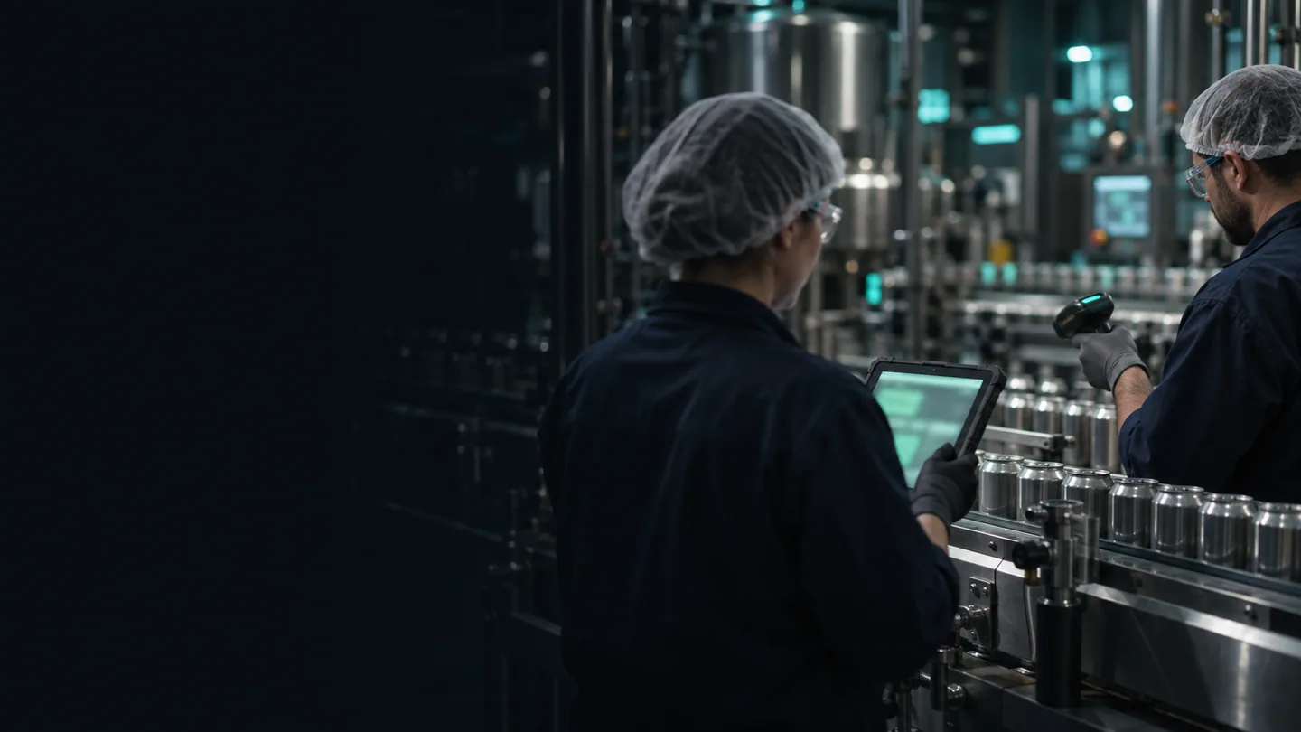 Beverage production operators using a tablet and handheld scanner